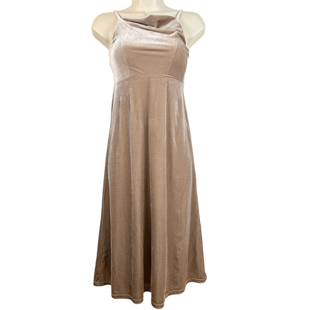 Revelry Skye Dress Midi Velvet Size J6 Gold Beige Cowl Neck Side Zipper Bridal